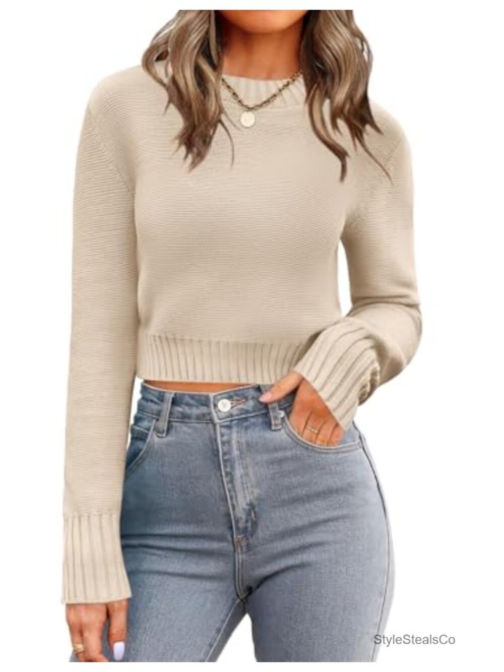Women's Cropped Crewneck Long Sleeve Knit Sweater Pullover